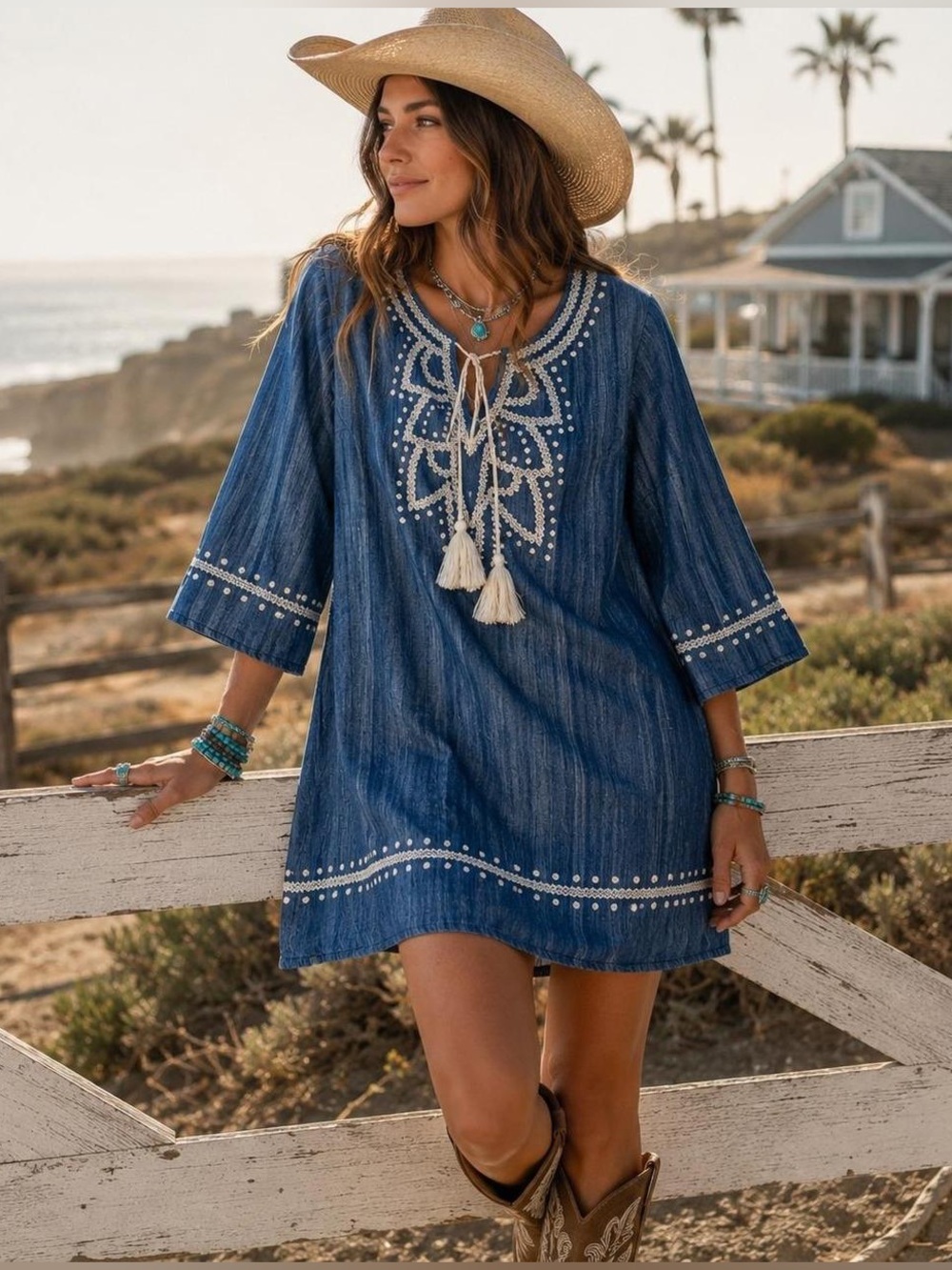 Umgee Indigo Blue Embroidered Tassel Mini Tunic Dress